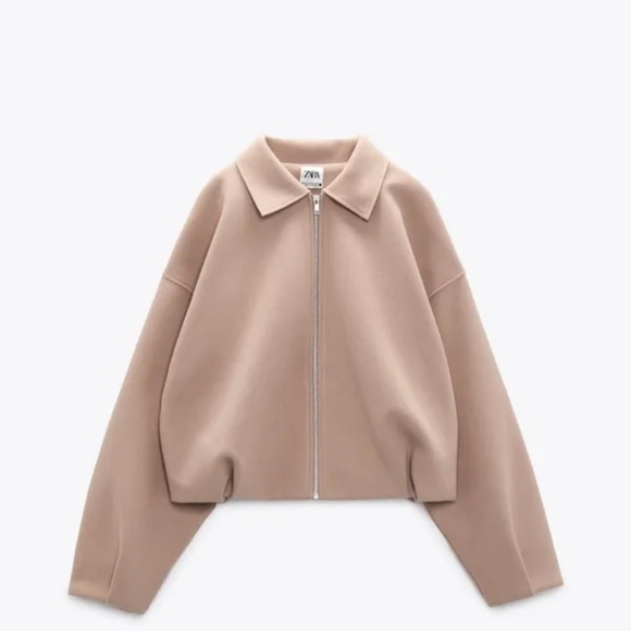 Zara SS23 Sand Beige Pleated Zip-Up Bomber Jacket